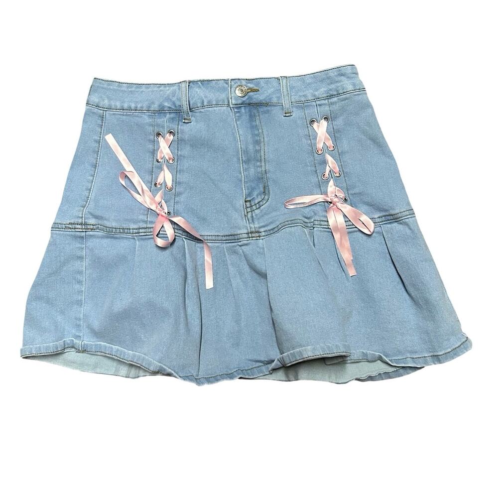 Romwe Kawaii Lace Up Ruffle Hem Denim Mini Skirt Womens Large (8/10) Coquette